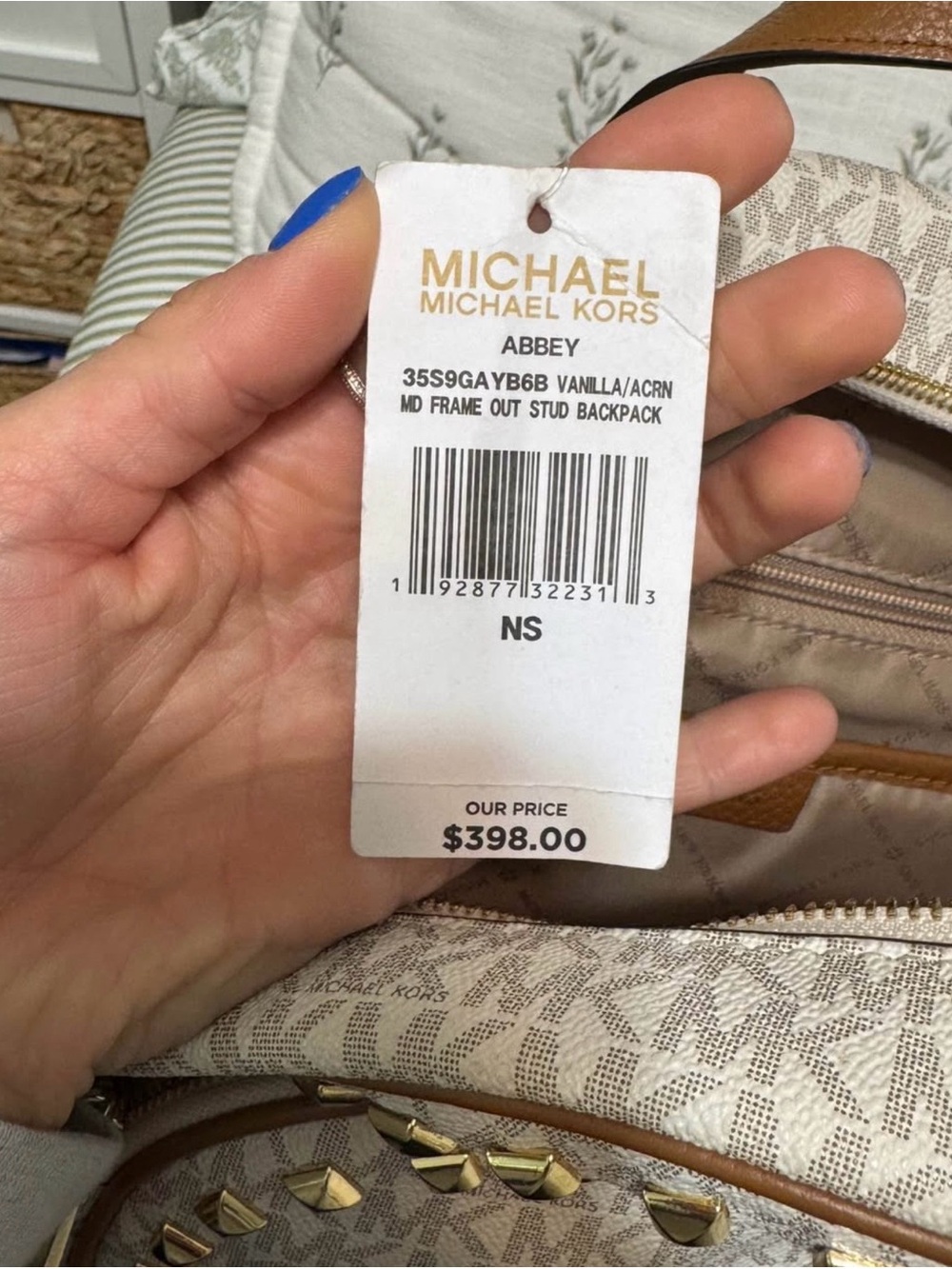 Michael Kors Beige MK Logo Backpack with Gold Studs - Picture 8 of 8